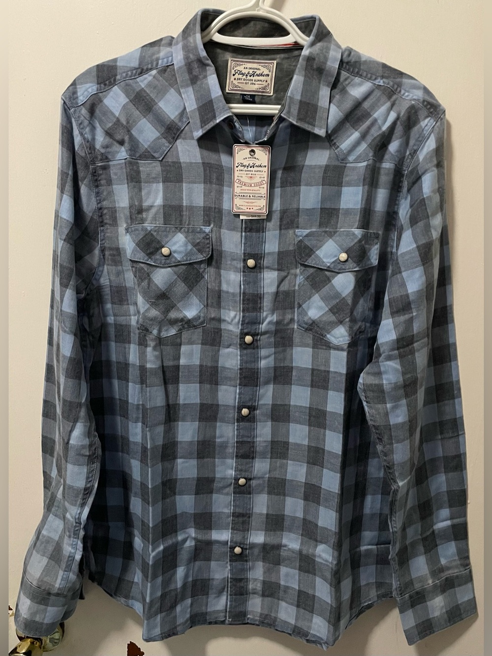 Flag & Anthem Men’s Blue Black Western Button Up Plaid Shirt Snap Buttons Medium